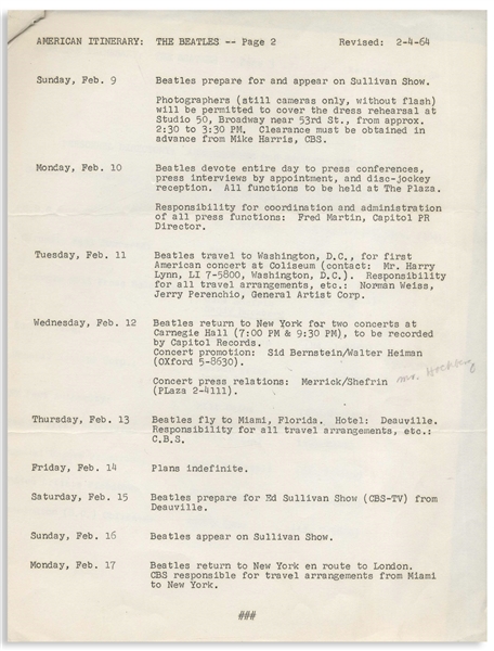 The Beatles Advance Itinerary for Their First Visit to the U.S. -- Original February 1964 Document Includes Their Ed Sullivan Show and a Cancelled Recording of Their Carnegie Hall Concert